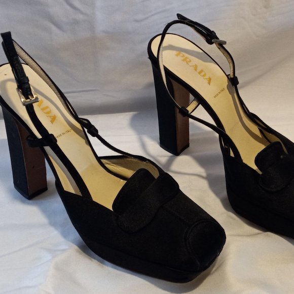 PRADA - MARY JANE - STACKED HEELS - SATIN - BLACK - SIZE 37.5 (EUC) - Picture 1 of 2